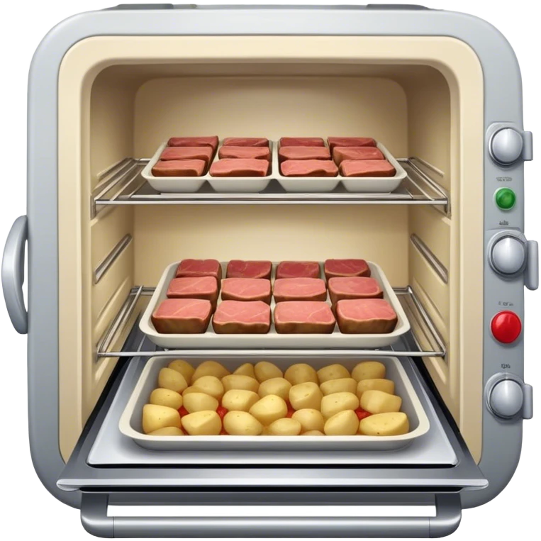 Small oven on a plane filled with small square dishes each dish beef and potato’s in them emoji