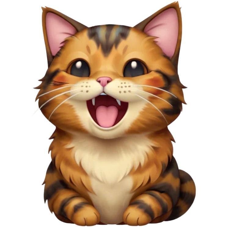 Cinematic Cute Yawning Tortoiseshell Cat Portrait Emoji, Head slightly tilted with a wide, adorable yawn and half-closed, dreamy eyes, featuring a warm, mottled fur of rich browns and blacks, simplified yet irresistibly cute, highly detailed, glowing with a soft, slumbering radiance, high shine, exuding a relaxed, drowsy charm, styled with a gentle, soft glowing outline, capturing the essence of a tortoiseshell cat in a precious moment of sleepy delight! emoji