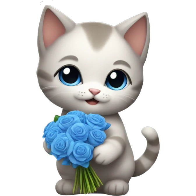 a fat kitten holding a blue bouquet of flowers emoji