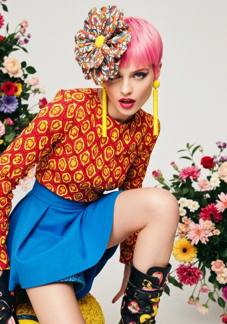 Closeup photo of a woman around colorfull flowers wearing alternative fashion emoji