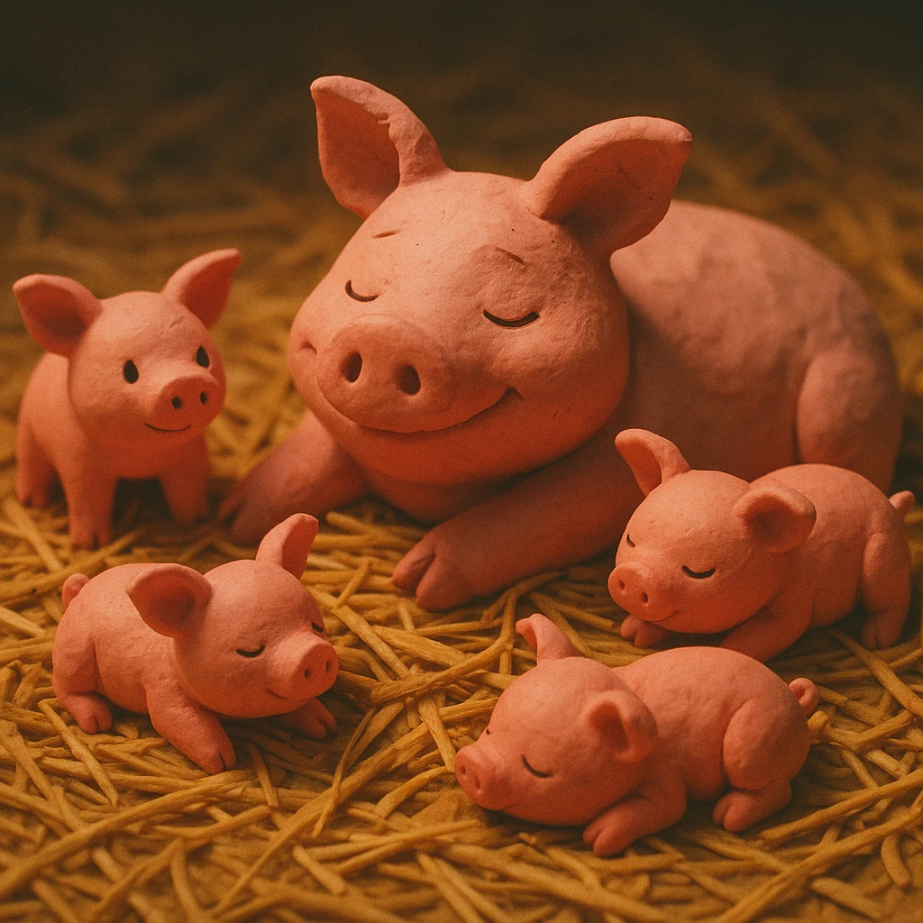 claymation style mother pig lying in straw with piglets around her, soft lighting, vibrant and cute emoji