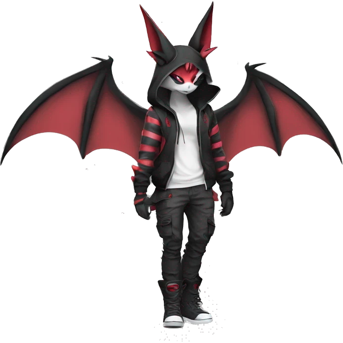 Dark Unique Anthro Cool Kawaii Horned Bat-Winged Zangoose-Litten-Pokémon with edgy stripes Punk Techwear Hoodie Cargo Collar emoji