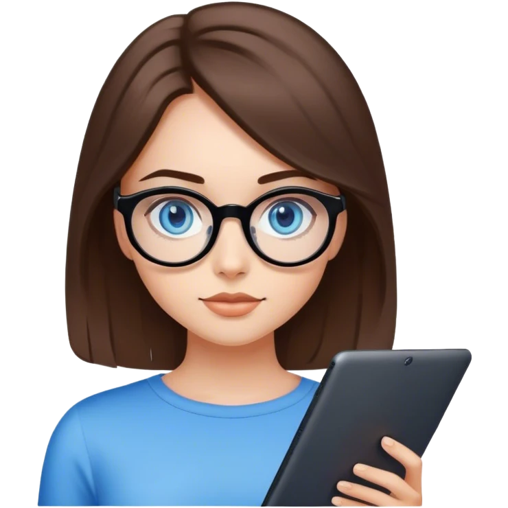 
girl with medium-length brown hair, fair skin and blue eyes in black rounded glasses with a graphics tablet emoji