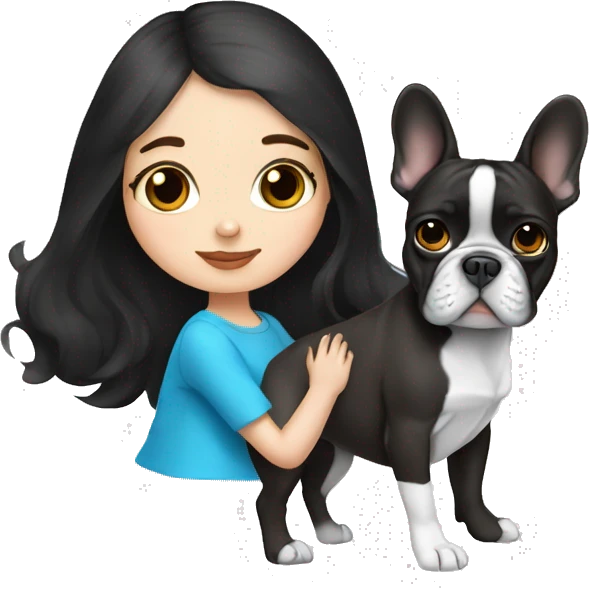 Girl with dark hair and Blue eyes Kissing french Bulldog dark emoji