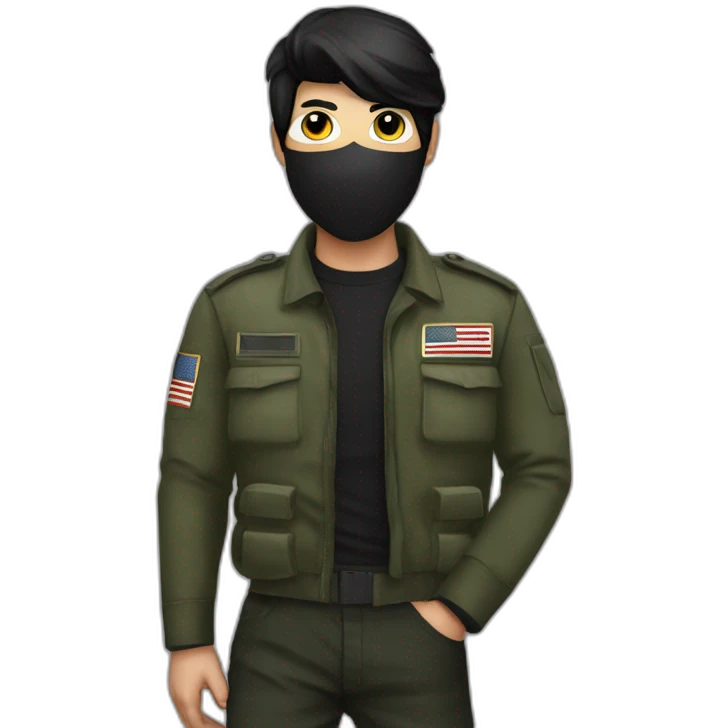 Poker face man, black hair and black mouth mask and black military pants emoji