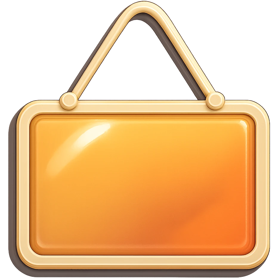 rectangular beige door sign with shadows and highlights, retro sticker style, hanging on a loop emoji