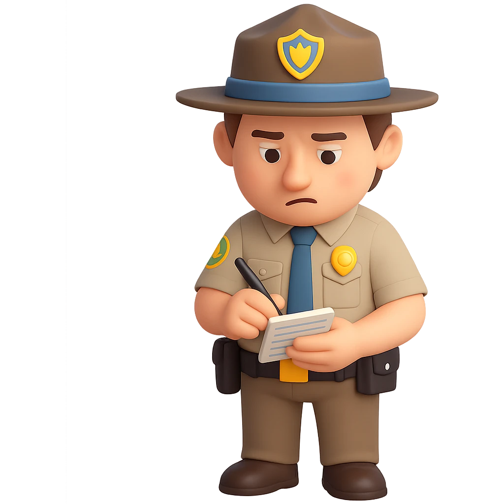 Make the game warden a white male with brown hair, writing a ticket for a wildlife law infraction, no background, keep the 3D emoji style look. emoji