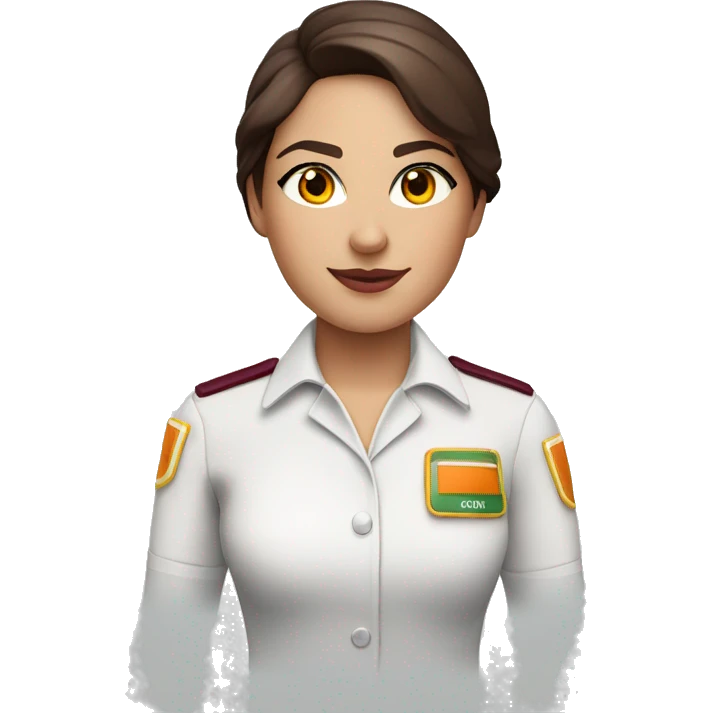 brunette green eyes cabin crew member in white shirt and burgundy uniform with orange inserts emoji