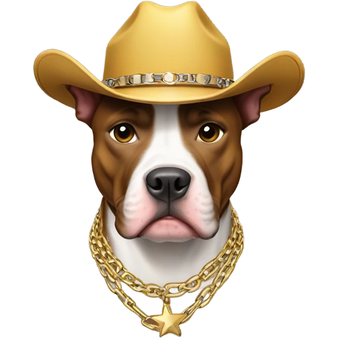 Draw a picture of a pitbull with a gold chain on and a cowboy hat, and his gold chain says cowboy hanging from it emoji