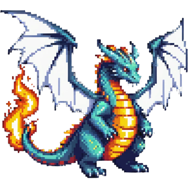 A retro-style dragon with wings and flame breath emoji