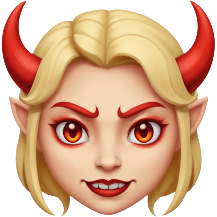  woman Demon cartoon emoji character, head and shoulders included (chest-up crop), centered face, confident and edgy expression, sharp eyes, subtle smirk, small curved horns, clean stylized face, not cute, not scary, modern emoji-style illustration, bold colors, smooth shading, high readability emoji