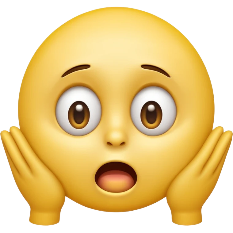 A 3D glossy yellow emoji face with a horrified expression, only large wide-open eyes, wide-open mouth, raised eyebrows, no nose, hands against its cheeks, vector style, black background, high quality, soft studio lighting emoji