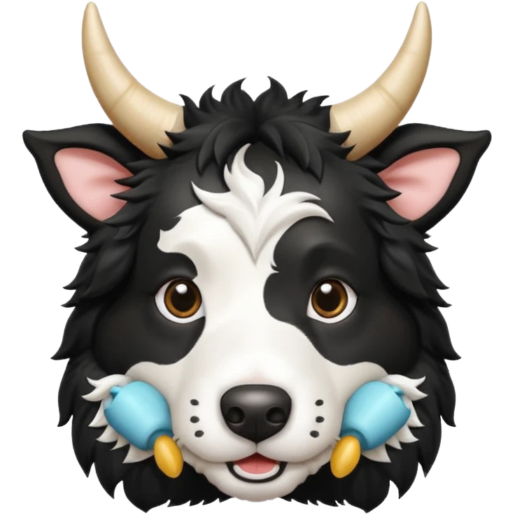 A black and white border collie has a cow's horns. emoji