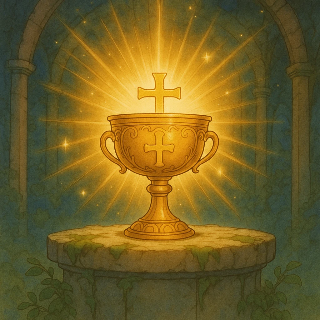 Add a golden cross to the holy grail, keep the ghibli style and divine light, preserve the background. emoji