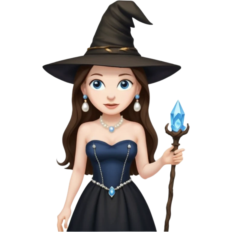 woman brunette, very large breasts, pale skin, blue eyes, long brown hair, black strapless dress, witch hat, pearl earrings, smirking, in black heels, standing, head to toe, full body, zoomed out, entire outfit visible emoji