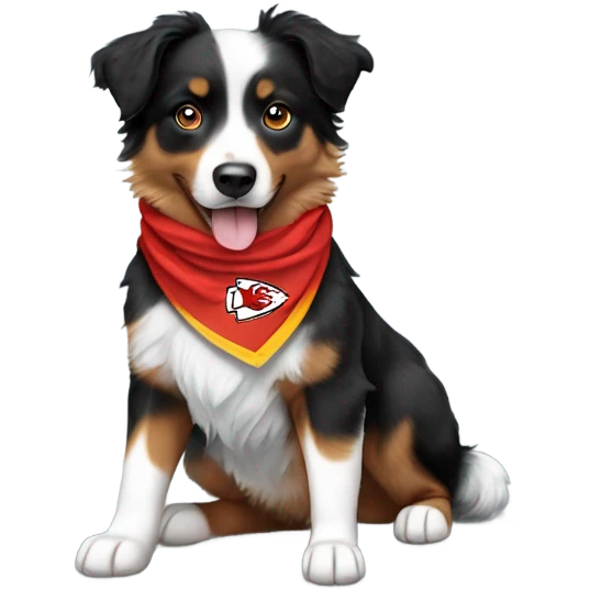 Dog (mini Australian shepherd, tri colored with lots of black) with Chiefs bandana emoji