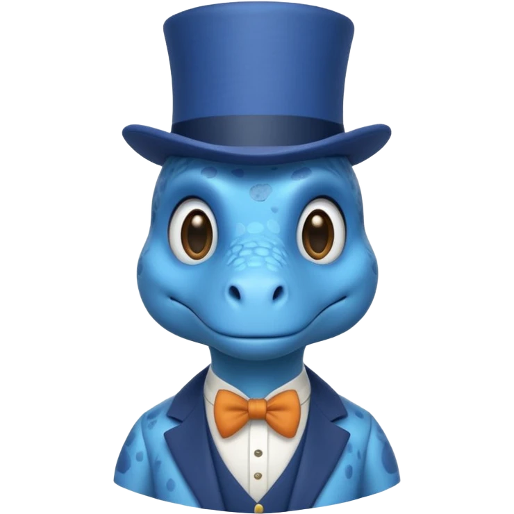 A flat blue dinosaur like 🦕 with monocle and tophat emoji
