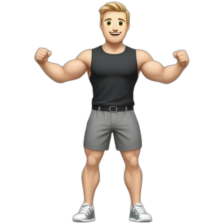 To belt Actively gesturing with hands Pale skinned Fit Man With the biceps and light brown hair in dark gray Sleeveless Mike, black oversize sports shorts and white Sneakers emoji