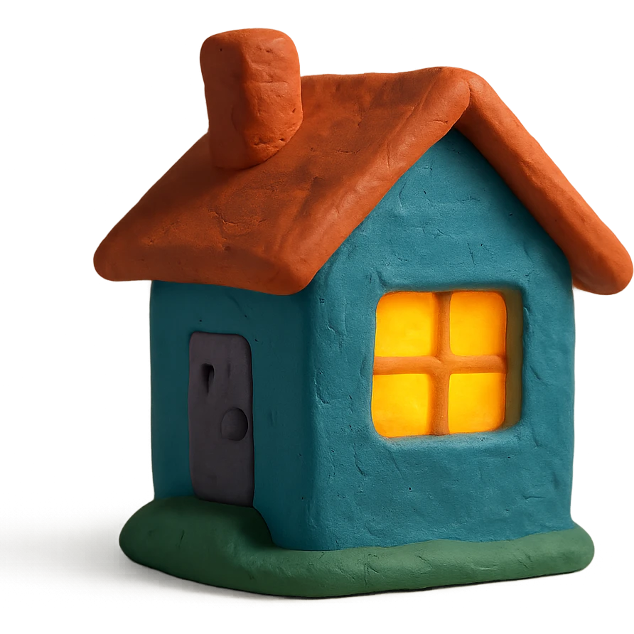 a small house with a lit window representing lodging in claymation style emoji