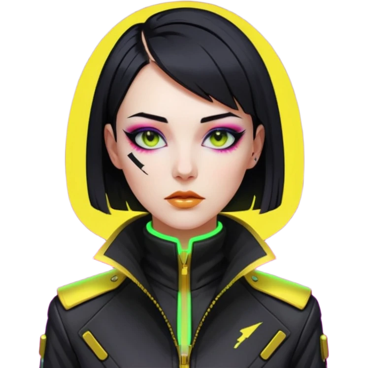 Cyberpunk woman, sleek black bob, gold neck cyberware, sharp eyeliner, high-collar designer jacket, neon lighting emoji