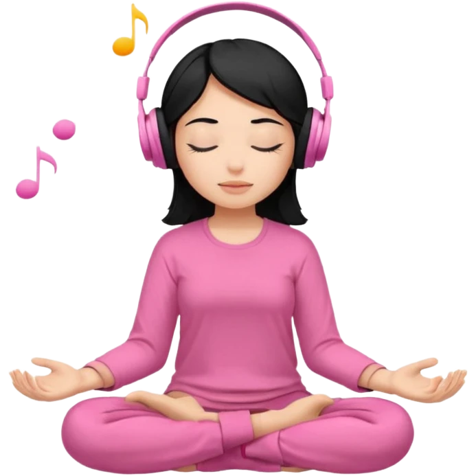Chica de pelo negros con los ojos cerrados escuchando musica en audifonos y con camisa rosa mientras medita emoji