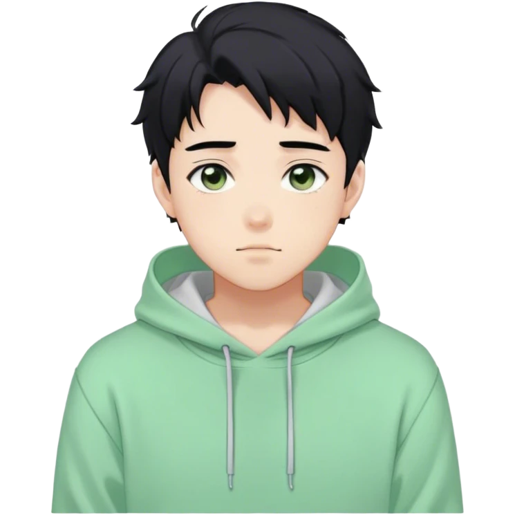 Gorgeous pastel green sweater black hair anime style shojo guy with blushing face and, hoodie, aesthetic, young adult, trending style, outside, vedal987 emoji