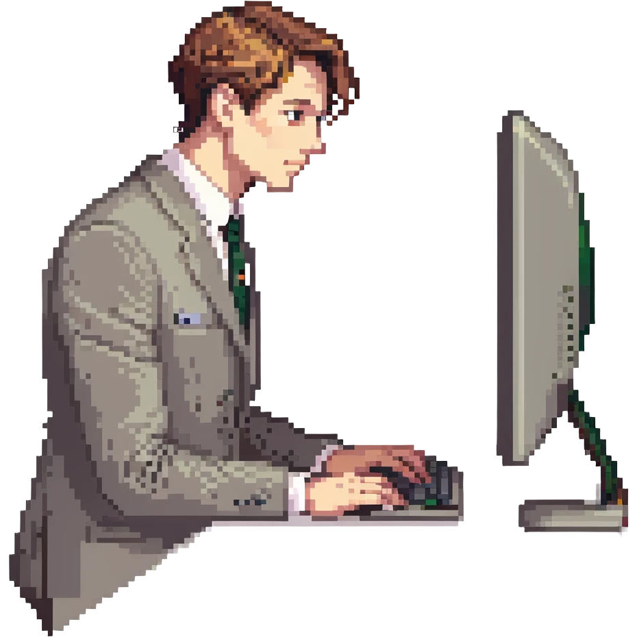 hombre con vestimenta semi-formal, de perfil, frente a una computadora en una mesa sencilla emoji