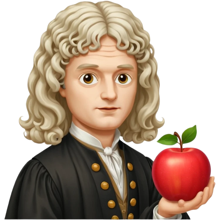 Isaac Newton wearing 17th-century aristocratic attire with long curled periwig, hold an apple emoji