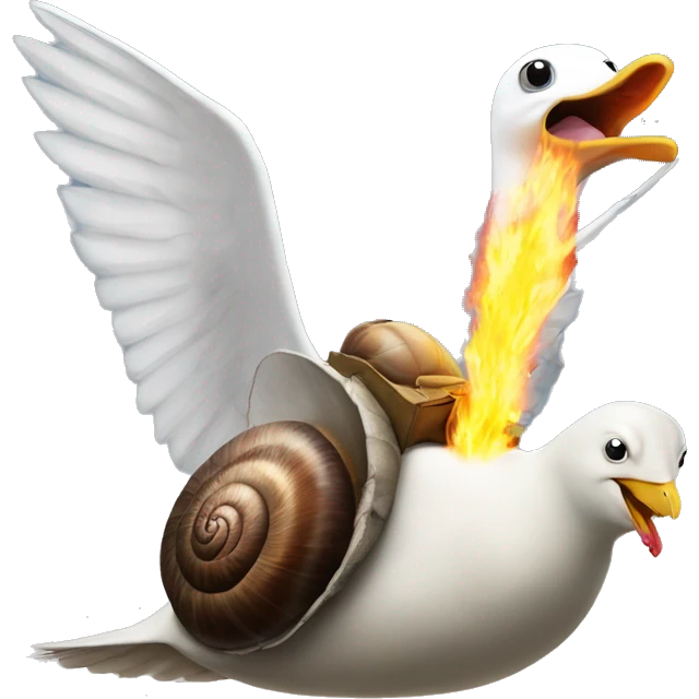 snail riding a seagull with a flamethrower emoji