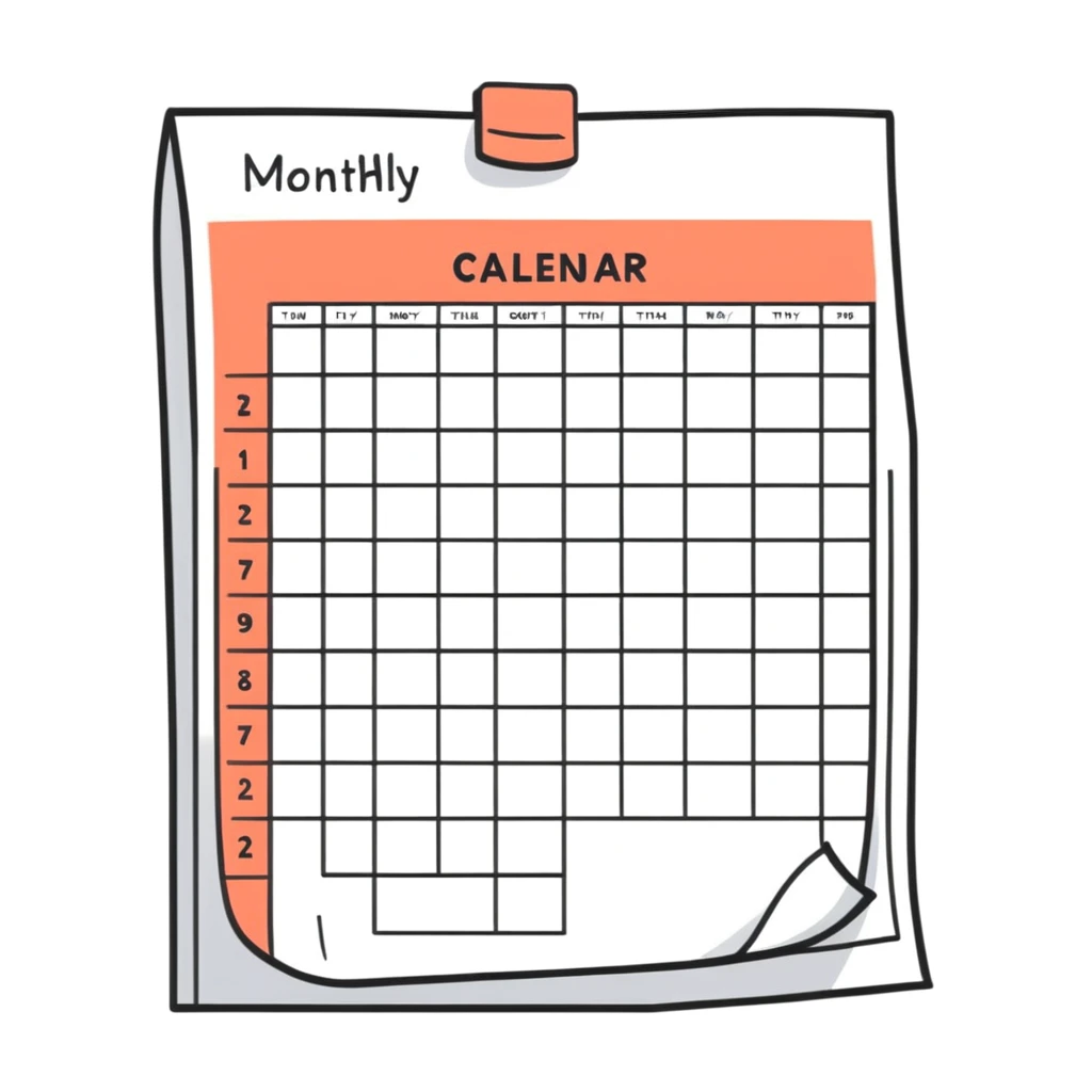 monthly content calendar visual with days and post icons emoji