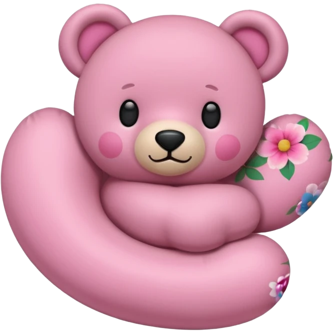 pink teddy bear with a floral neck pillow, classic iPhone emoji style, flat, minimal, rounded shapes, simple face emoji
