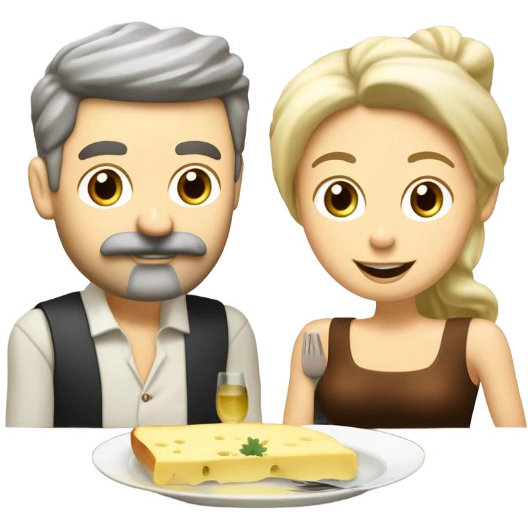 Repas raclette et deux verres de vin blanc en couple 50 ans, femme blonde cheveux aux-dessus des épaules homme petite barbe et moustache grisonnantes et cheveux bruns grisonnant  emoji