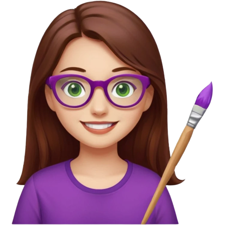 Girl, red shirt, long brown hair, green eyes, purple glasses, smiling with a paint brush. emoji