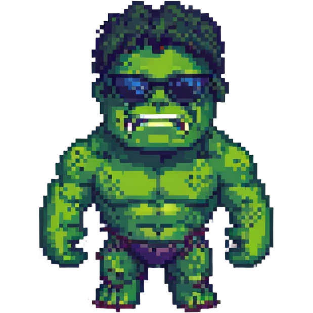 Hulk wearing sunglasses, pixel art style emoji