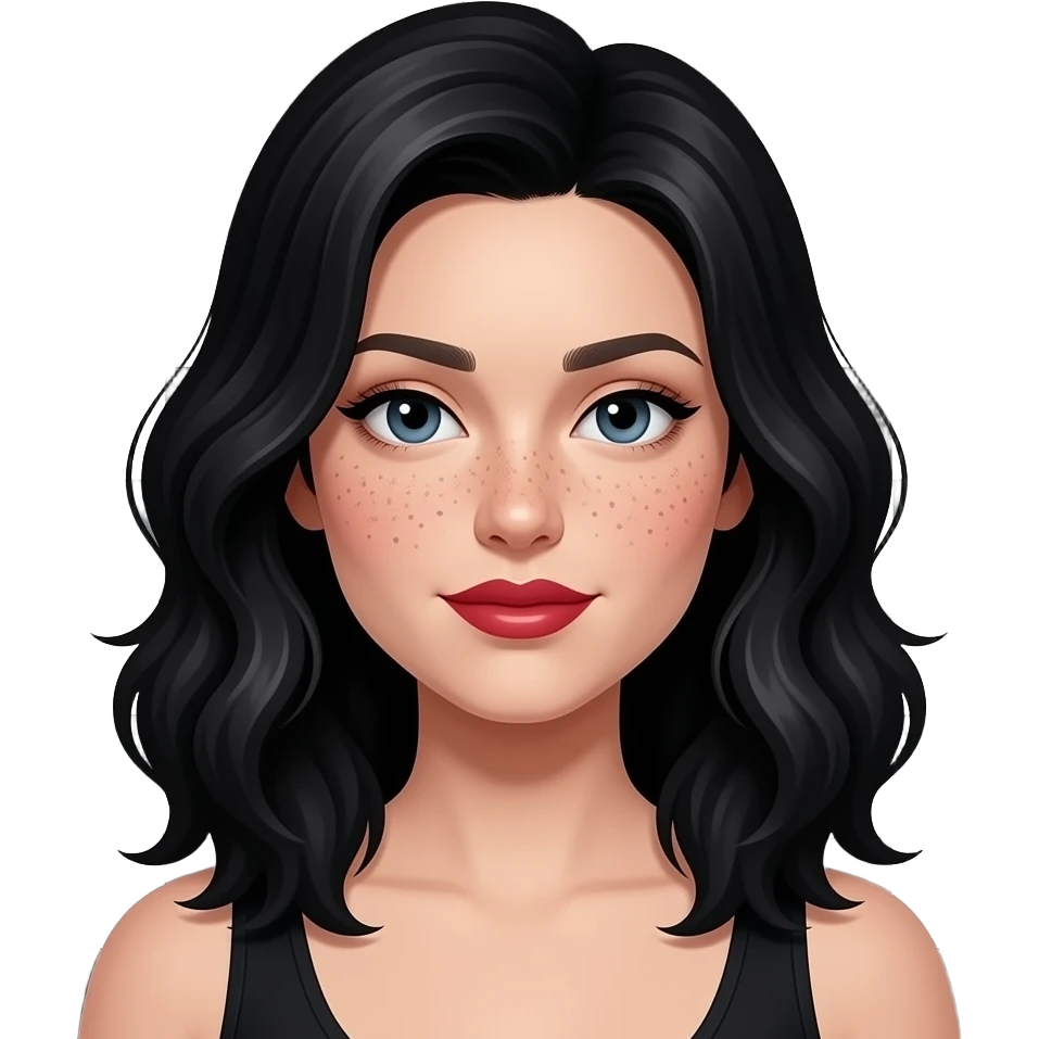 vector-style avatar of a woman named Iris, centered, solid black background, wavy shoulder-length dark hair, fair skin with distinct freckles across her cheeks, and bold red lips. emoji