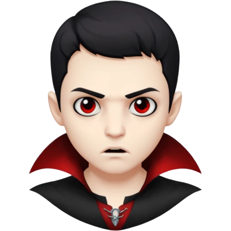 Vampire boy with the short black hair, pale scin, black eyes, little fangs and dark circles under his eyes. He has serious face emoji