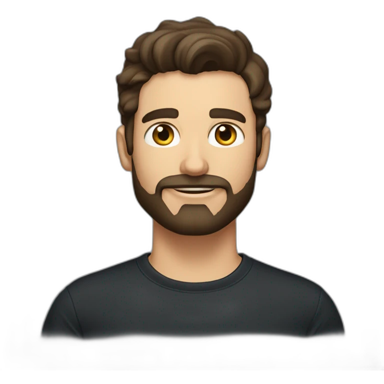 White man with a sun kissed tan and blue eyes. His hair is dark brown, styled sideways backwards. He has a beard and mustache trimmed. Wears s black t-shirt. emoji