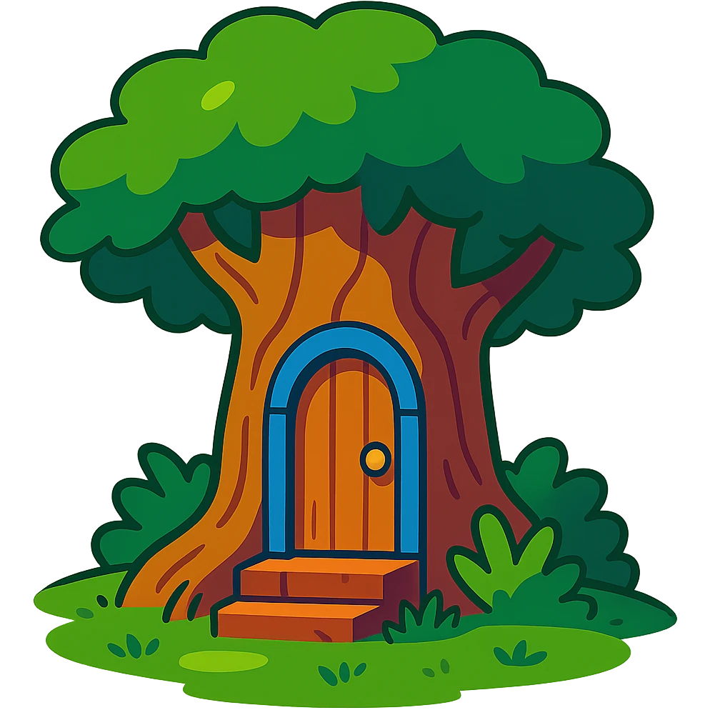 wooden door embedded in a tree, secret forest hideout vibe, vibrant toon style emoji