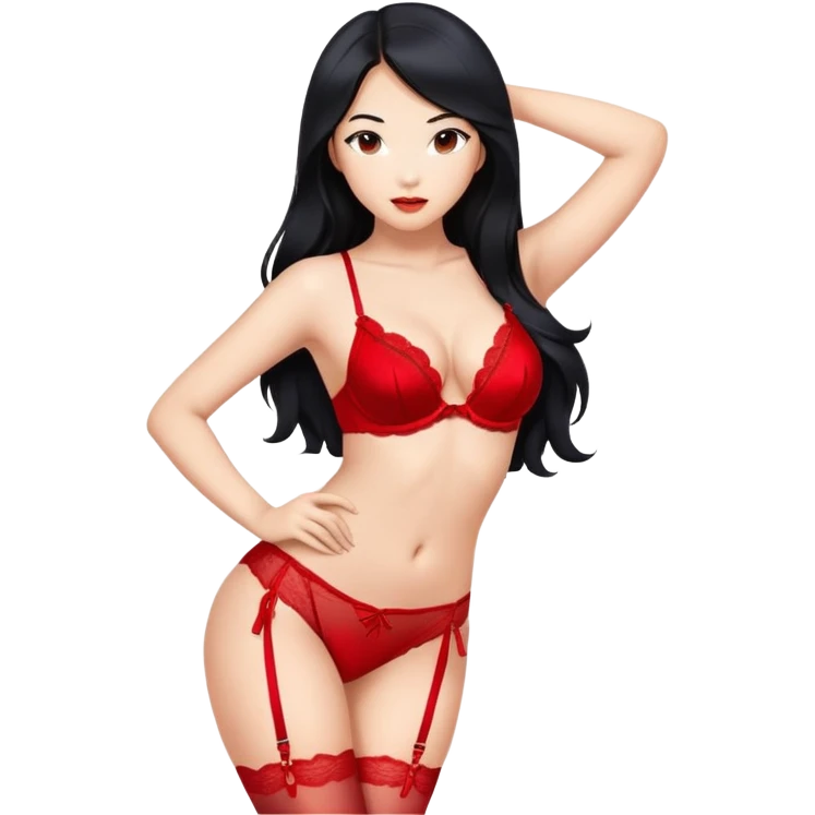 Beautiful Asian woman with long black hair wearing red lingerie sexy pose sfw emoji