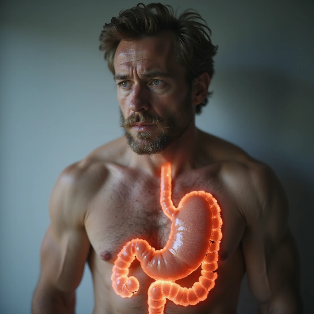 realistic adult man with tired expression, body with transparent inflamed intestine, visible red swollen areas, sugar symbolism as cause, clinical background, 4K quality emoji