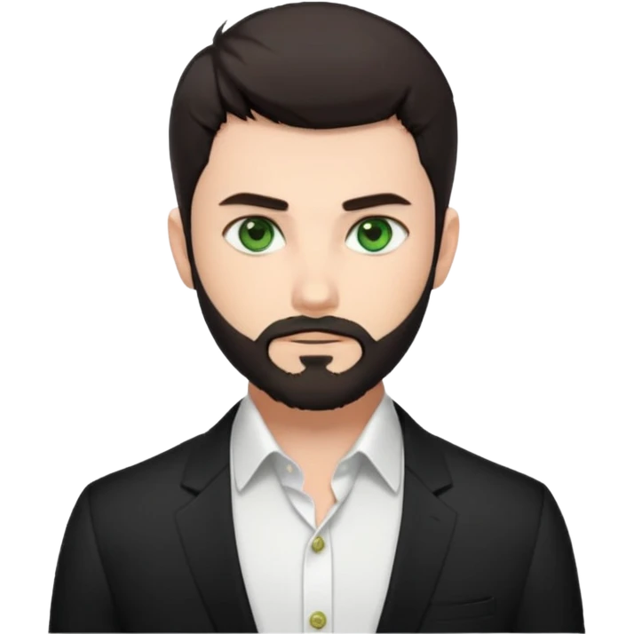 Man with a short full beard, Styled hair, Best looking man in the planet, onepiece style dark hair, green eyes, more anime style more maskulin. Wearing a white formal shirt, first buttons open macho style emoji