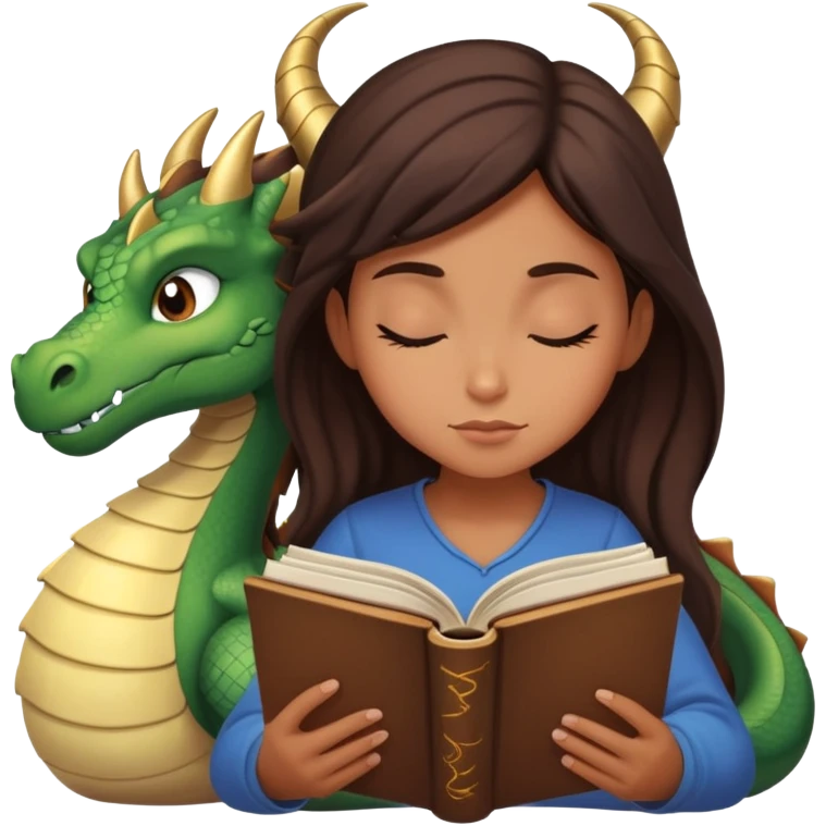 Sleepy Dark Tan brunette girl reading fantasy dragon book emoji