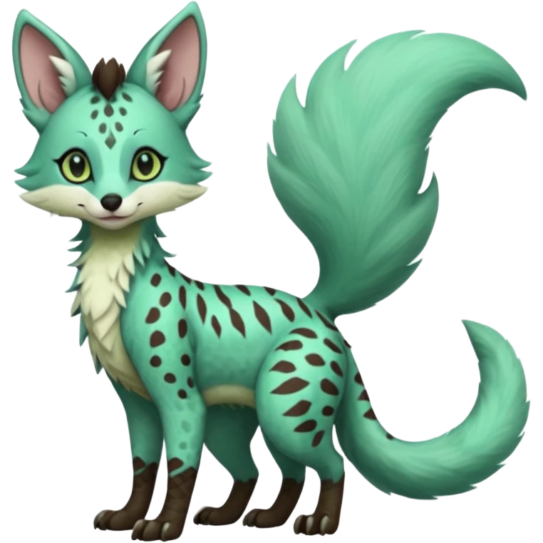 Feral Rare Fantasy brownie minty-cyan pastel-seafoam-green Hunter-forest-green  Vernid-Sergal-Genet-Trico-species by LiLaiRa, random markings, tufted tail, tufted ears, full body emoji