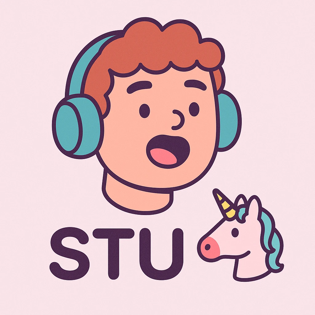 minimalistic Discord emoji with text 'STU 🦄' in sleek rounded font, small cute unicorn icon, pastel color palette emoji