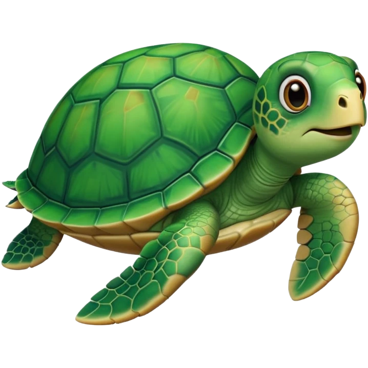 whimsical 3D green turtle with a round face, large expressive eyes, and tiny paws emoji