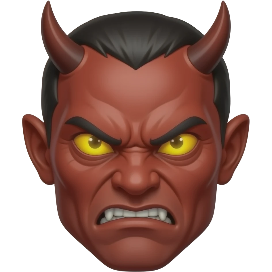 “A realistic red devil face with glowing yellow eyes, sharp features, dark shadows, angry expression, detailed skin texture, horns, horror style, high contrast, centered, emoji style” emoji