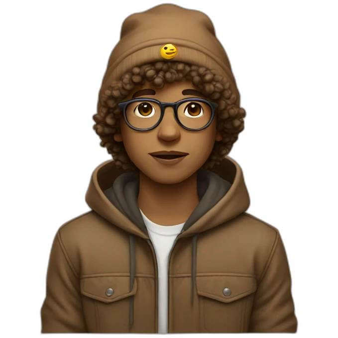 boy, browun obey beanie, round glasses, dark-blonde curly hair, light-brown hoodie emoji
