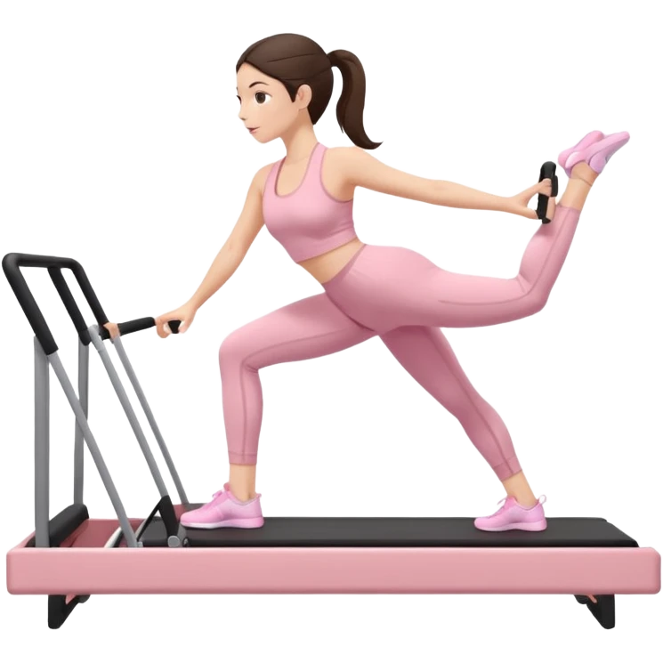 white brunette girl in light pink workout clothes doing pilates on a reformer emoji