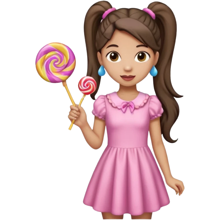 Girl with long dark ponytails wearing light pink body dress holding a lollipop emoji