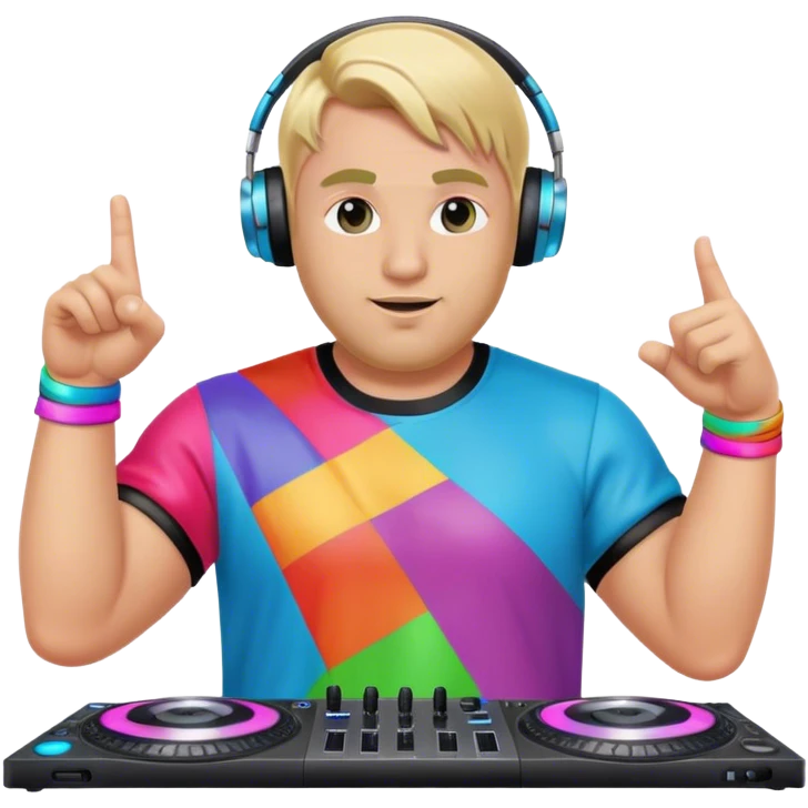 blond big man in colorful dj outfit pointing next to him emoji